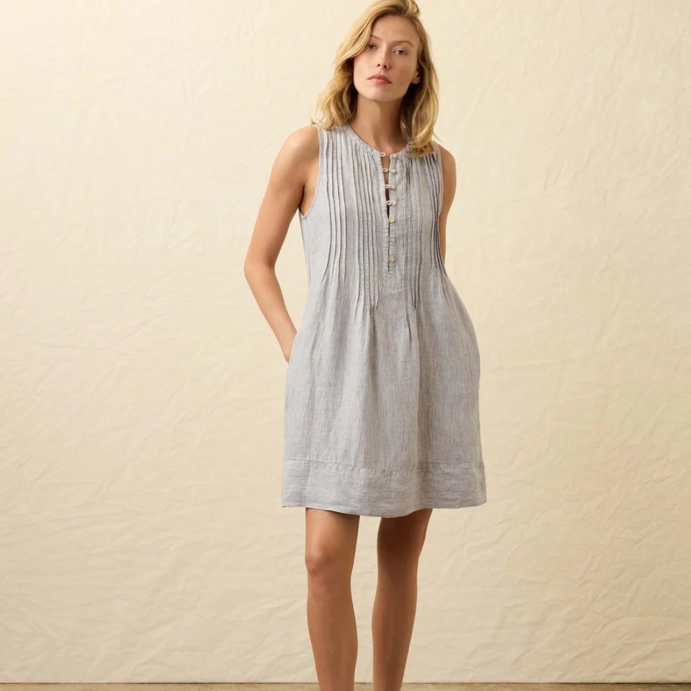 Faherty Isha Linen Dress Blue White Striped Pintuck Henley Sleeveless Size XL